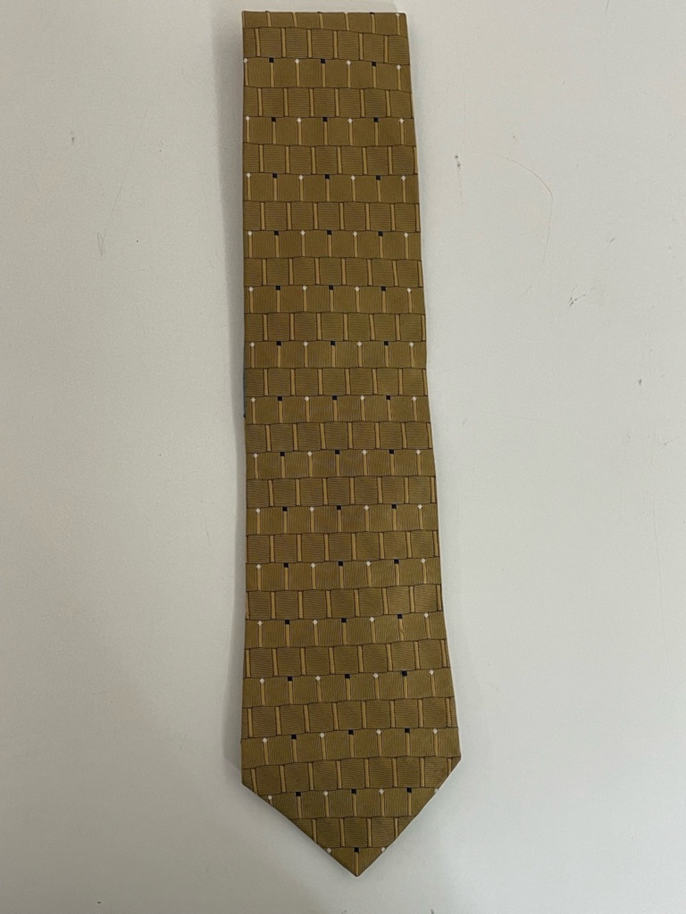 Vintage Tommy Hilfiger 100% Silk Gold w/ Navy Squares White Diamonds Tie